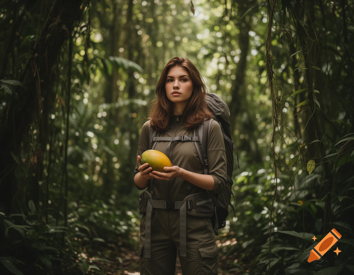 A woman with a backpack in hiking gear holds a mango in a lush jungle.