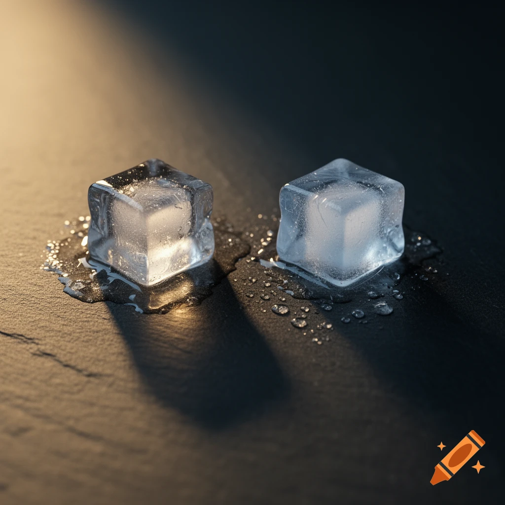 Two melting ice cubes, one illuminated by warm light and one in shadow, sit on a dark surface with water droplets.