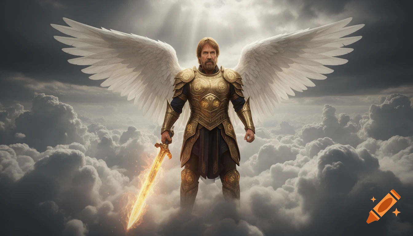 Photorealistic depiction of Chuck Norris as a divine Archangel Warrior in golden armor, with large white wings, holding a glowing flaming sword, standing in dramatic clouds with sunrays.