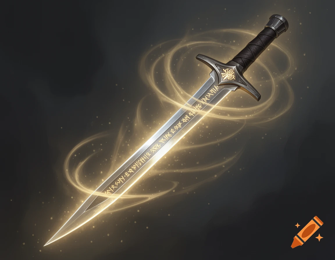 A shimmering silver sword with golden runes, dark leather handle, and magical golden aura, in a dramatic fantasy art style.