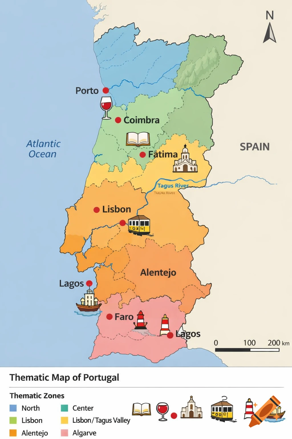A colorful vector-style thematic map of Portugal, showing regions like North, Center, Lisbon, Alentejo, and Algarve with their respective capital cities and iconic symbols.