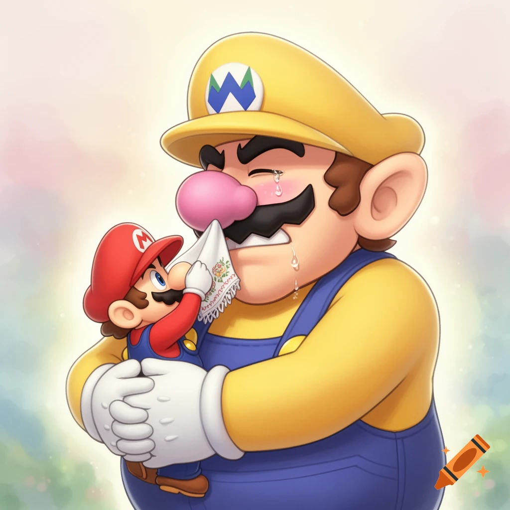 Cartoon of a large, crying Wario holding a small Mario, who is drying Wario's tears with a handkerchief.