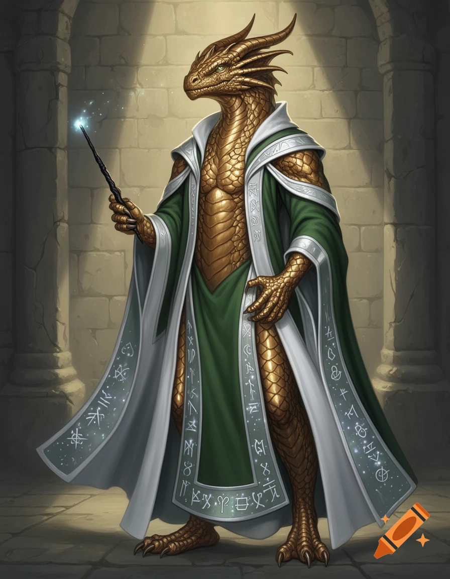 A brass dragon sorcerer in green and white robes with runes, holding an ebony magic wand with a glowing tip, stands in a stone chamber.