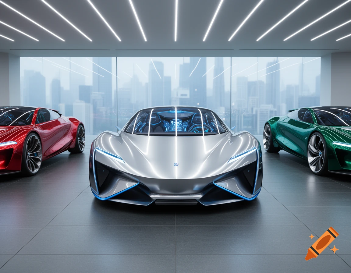 Three futuristic concept cars, silver, red, and green, displayed in a modern showroom with a city skyline background.