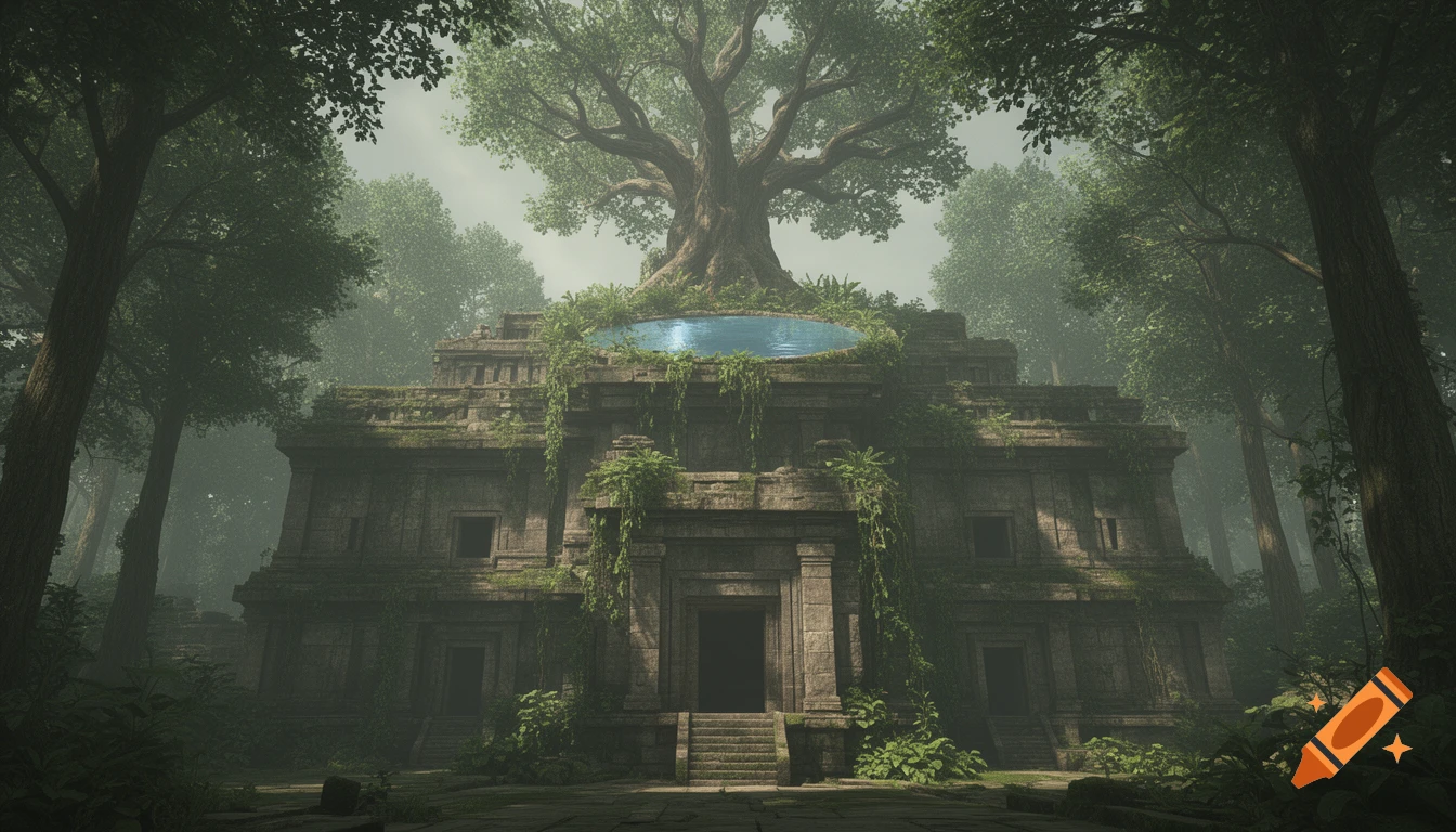 Ancient stone temple overgrown with vines in a deep forest, with a majestic tree and a pool of water on its roof.