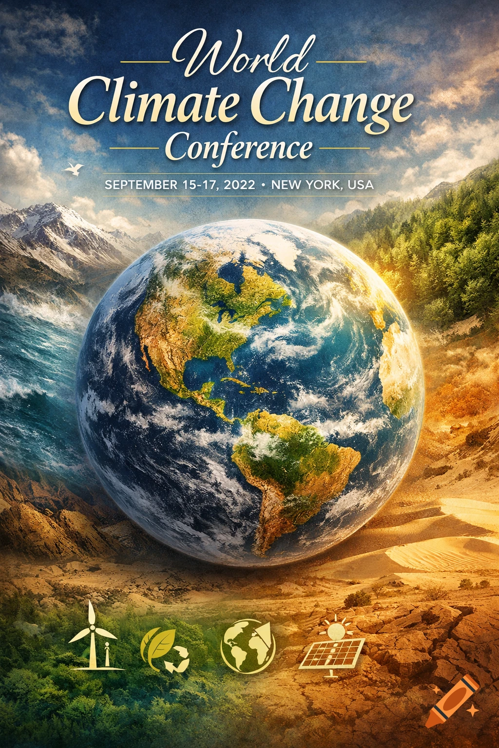 A poster for the World Climate Change Conference, featuring Earth against a backdrop of diverse landscapes and environmental icons.
