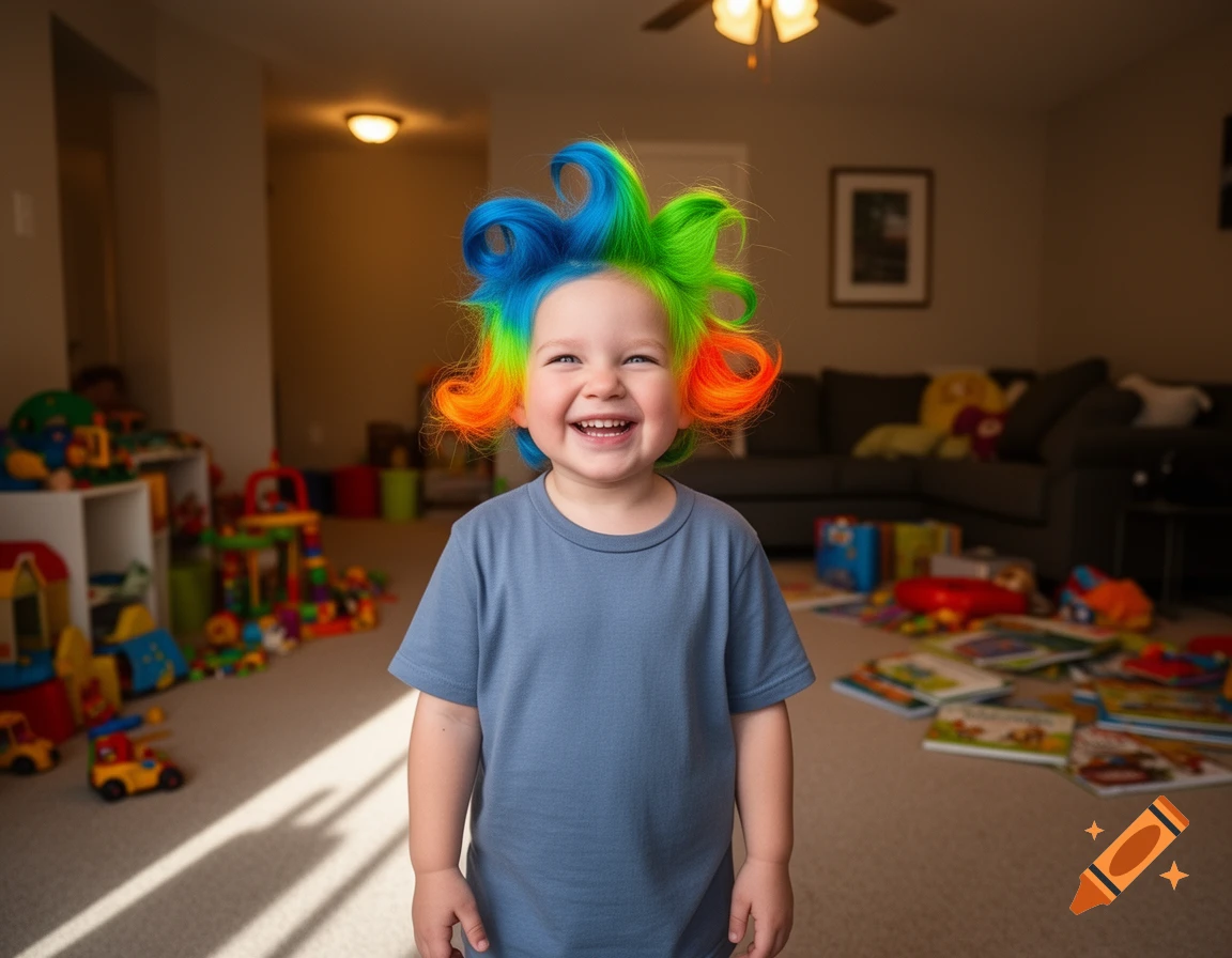 A smiling toddler with vibrant, rainbow-colored spiky hair like a troll doll, standing in a toy-filled living room.