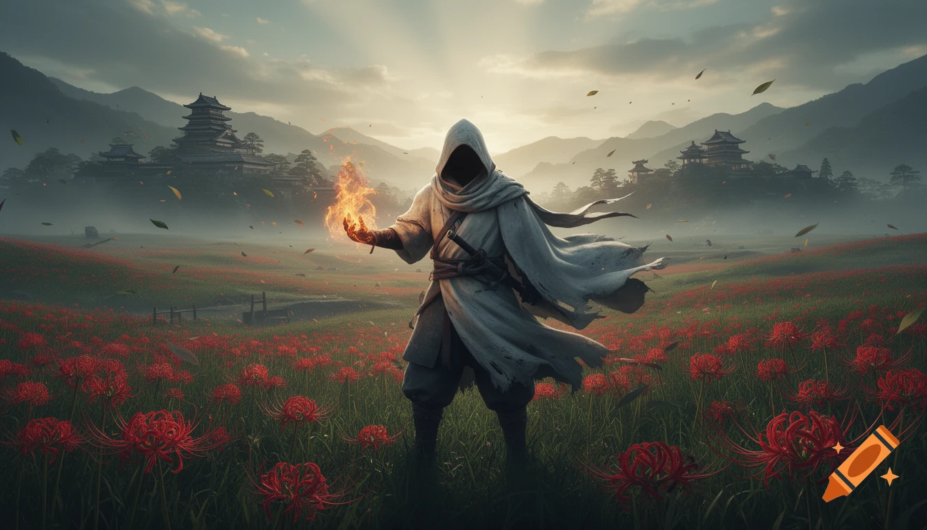 A mysterious hooded figure with fire magic stands in a field of red spider lilies with Japanese temples and mountains in the background.
