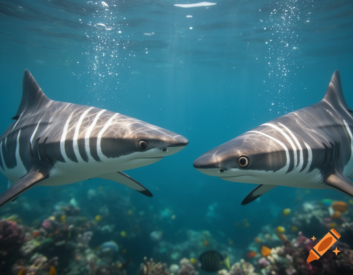 Two sharks face each other underwater above a vibrant coral reef, with light dappling through the water from above.