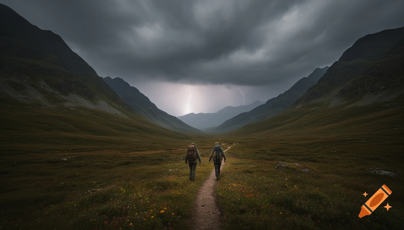 Two hikers with backpacks walk on a path through a lush valley between mountains under a dramatic stormy sky with lightning.