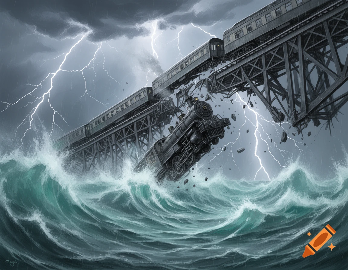 A dramatic illustration of a steam train and its carriages plunging from a destroyed railway bridge into a tumultuous, stormy ocean with crashing waves and lightning.