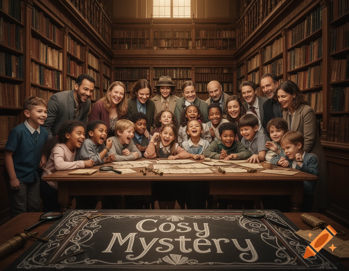 A diverse group of smiling children and adults gathered around a table in a grand library, with 'Cosy Mystery' on a chalkboard.