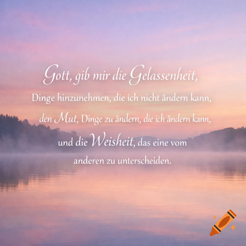 Serene sunrise over a misty lake with a forest silhouette, featuring a German inspirational quote.