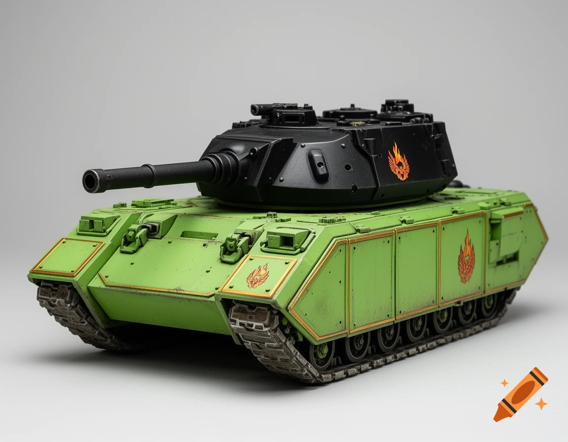 A detailed, green and black Warhammer 40k super-heavy tank model with flame insignias on a neutral background.
