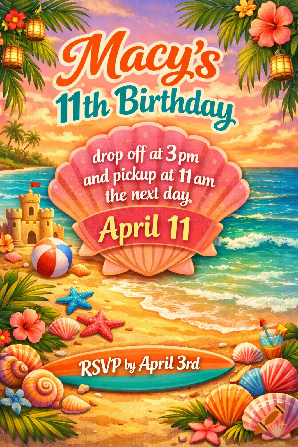 A vibrant, colorful beach-themed birthday invitation for Macy's 11th birthday, with a sandcastle, seashells, and palm trees.