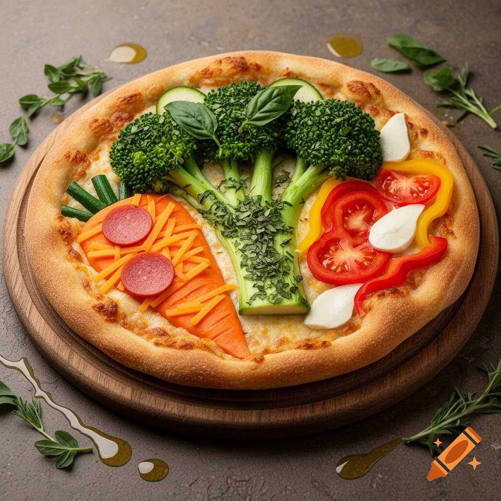Photorealistic pizza topped with vegetables arranged to resemble a large carrot, broccoli, and sliced bell peppers, on a wooden board.