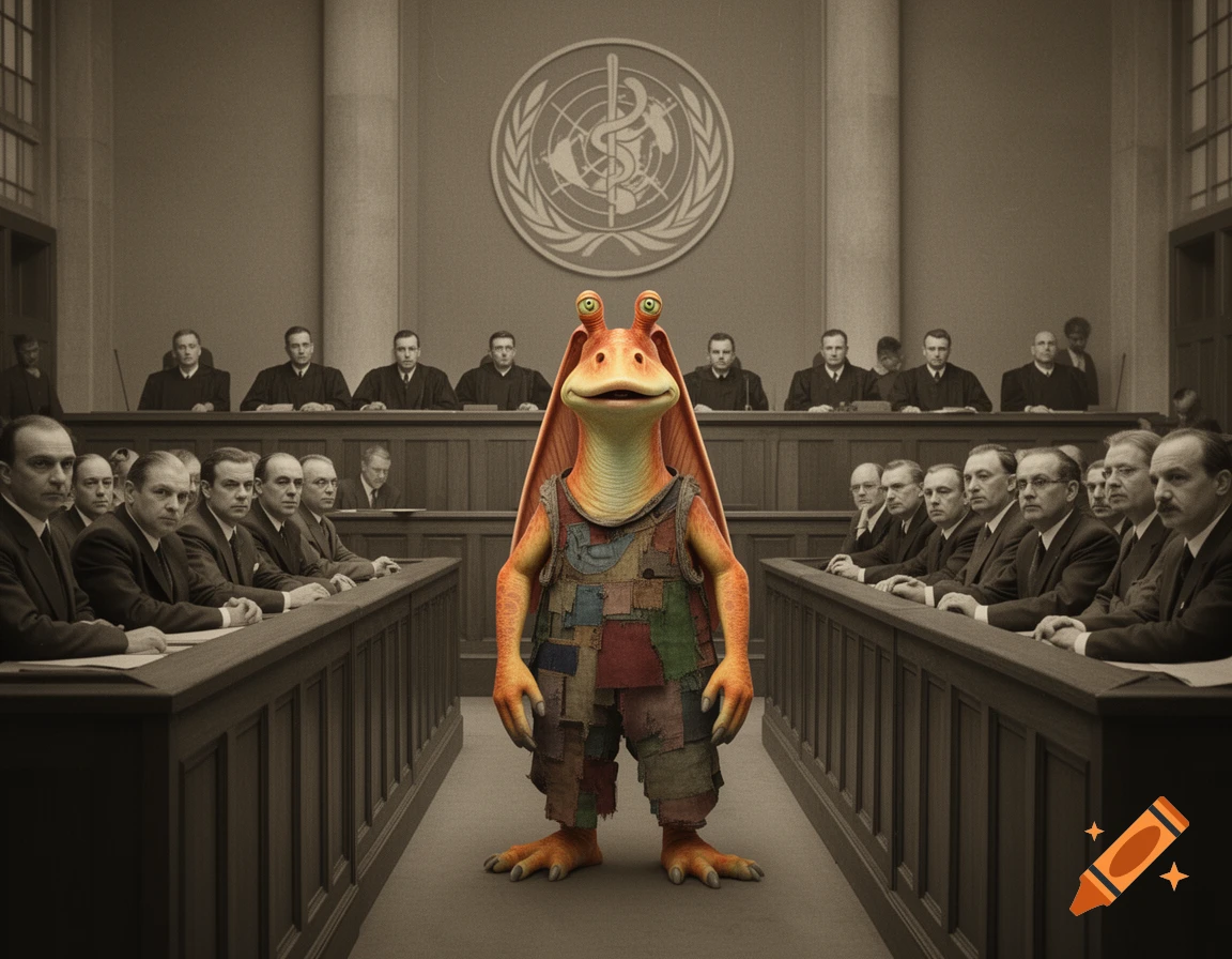 Jar Jar Binks stands in the middle of a sepia-toned courtroom, facing several stern-looking men in suits on either side of him.