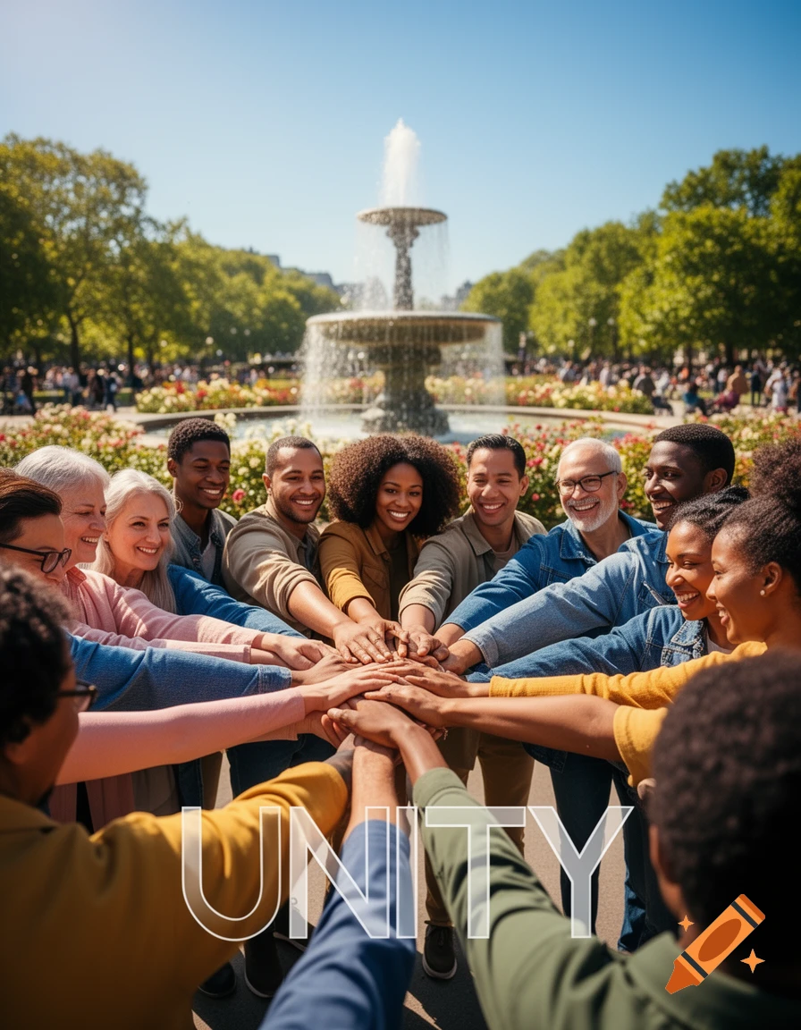 Photorealistic image of diverse smiling people with hands joined in a circle in a sunny park, with 'UNITY' text overlaid.