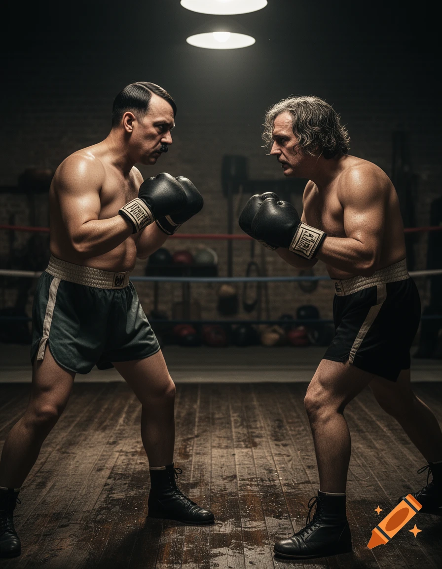 Photorealistic image of two men, one resembling Adolf Hitler, facing off in a dimly lit boxing ring.