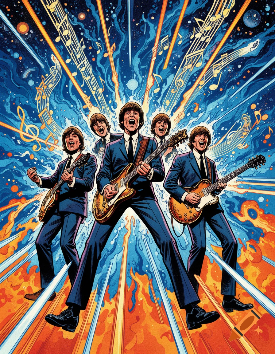 A psychedelic, Jack Kirby-style illustration of four men resembling The Beatles playing guitars, surrounded by vibrant musical notes and radiating energy.
