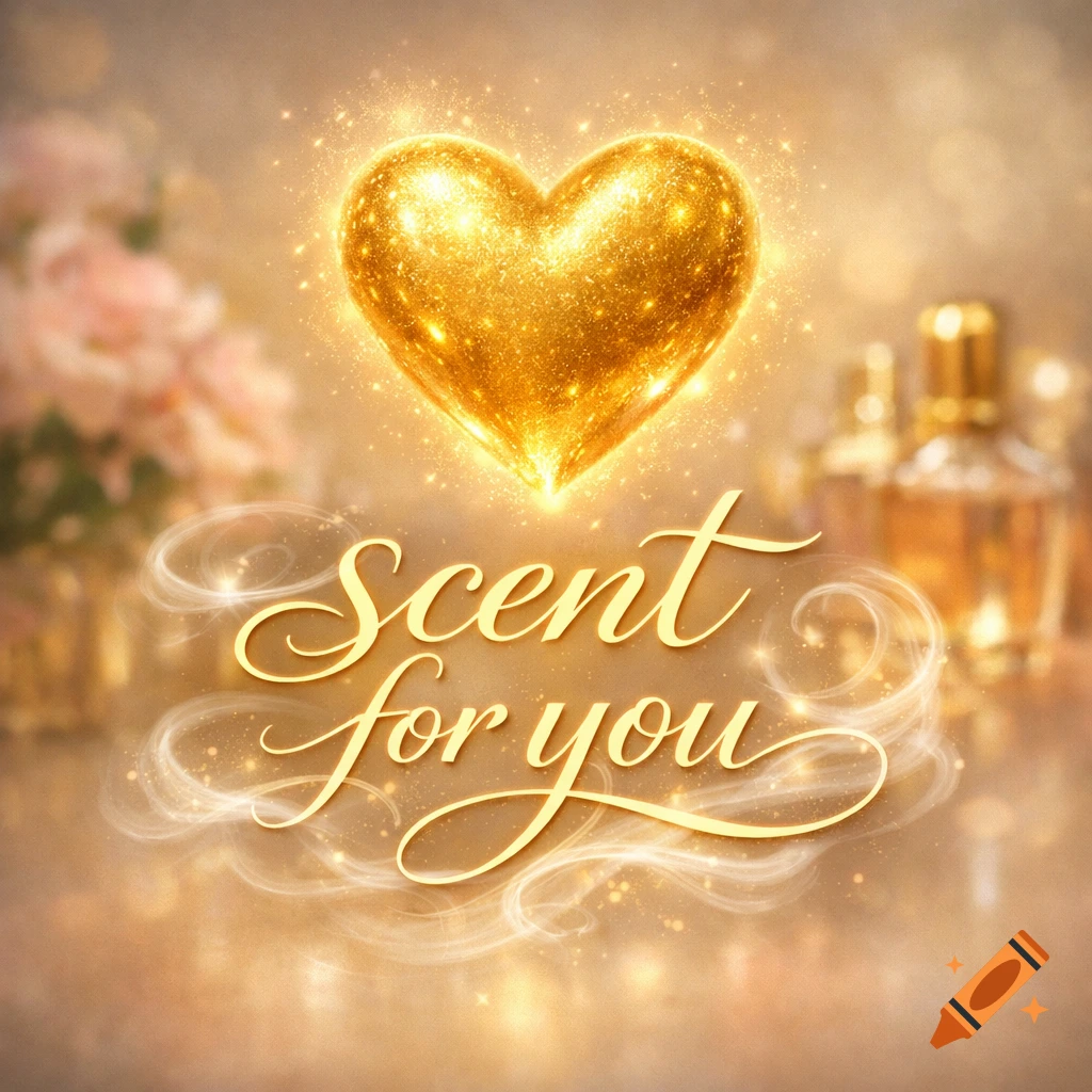 Shiny golden heart floats above 'Scent for you' text, surrounded by sparkling effects, blurred flowers, and perfume bottles.