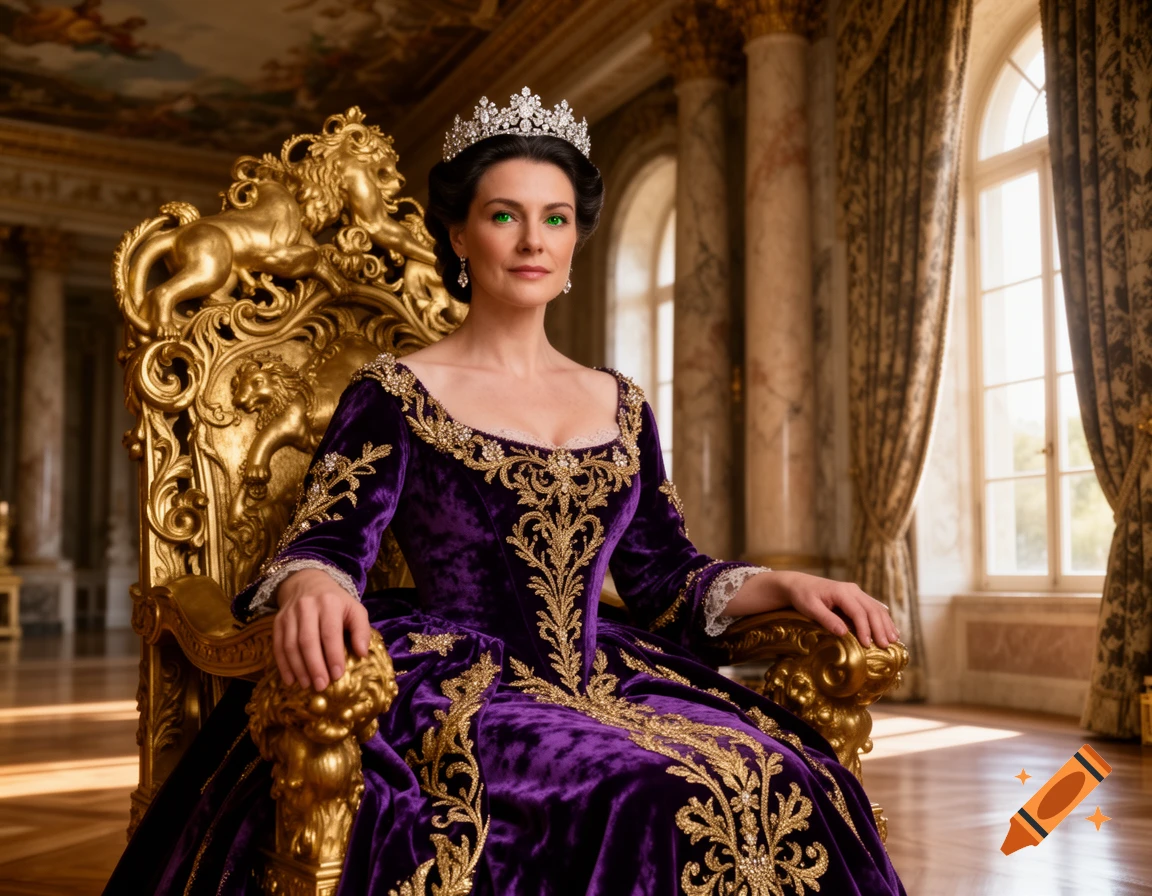 A regal empress with a crown and a purple and gold embroidered gown sits on an ornate golden throne in a grand hall.