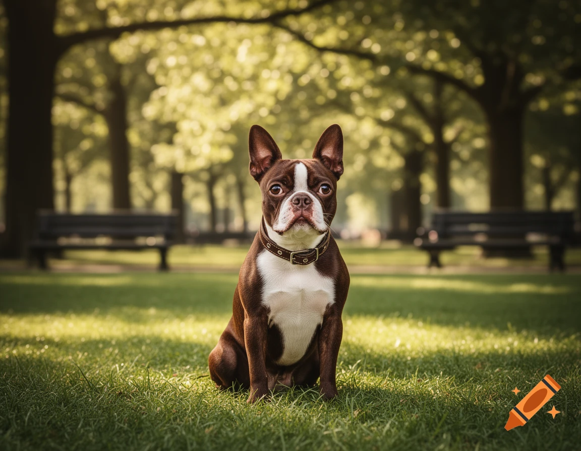 A brown and white Boston terrier sits attentively on green grass in a ...