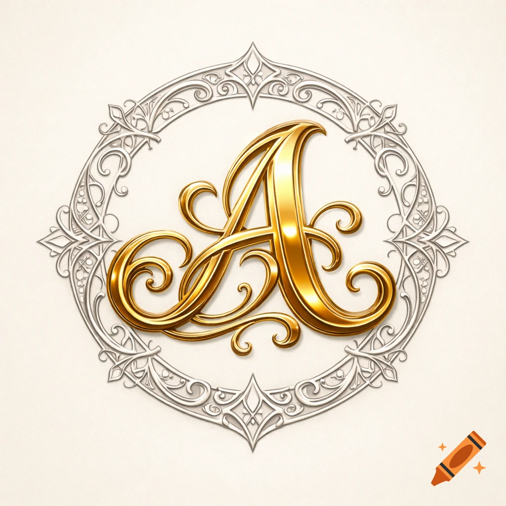 Golden ornate cursive capital 'A' within an intricate silver circular frame on a light background.