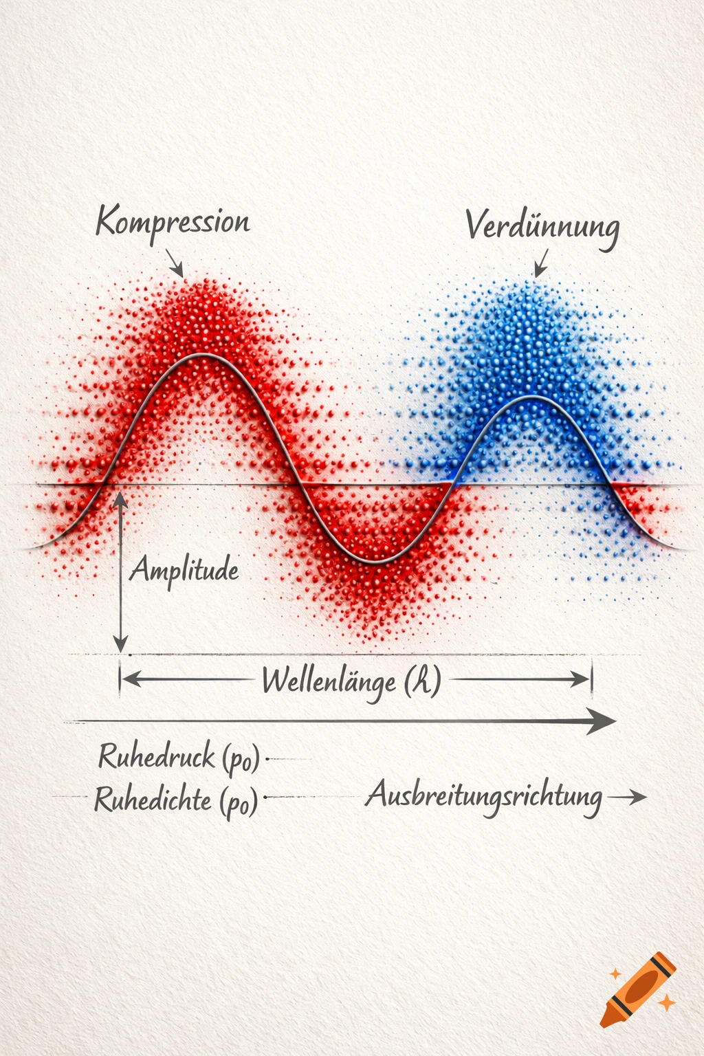 Scientific illustration of an acoustic longitudinal wave showing red compressions, blue rarefactions, a sinusoidal curve, and labels for amplitude, wavelength, and propagation direction.