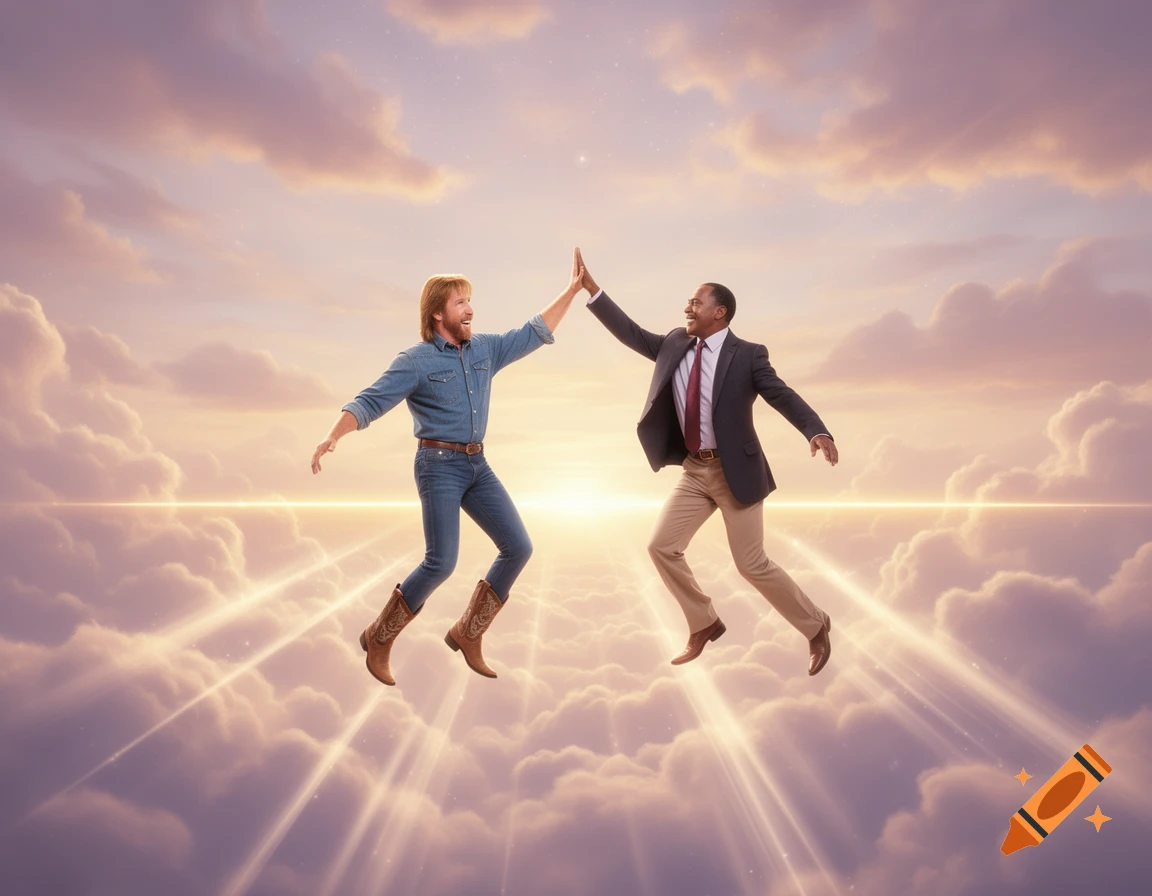 Chuck Norris and Clarence Gilyard high-fiving in a dramatic, light-filled cloudy sky.