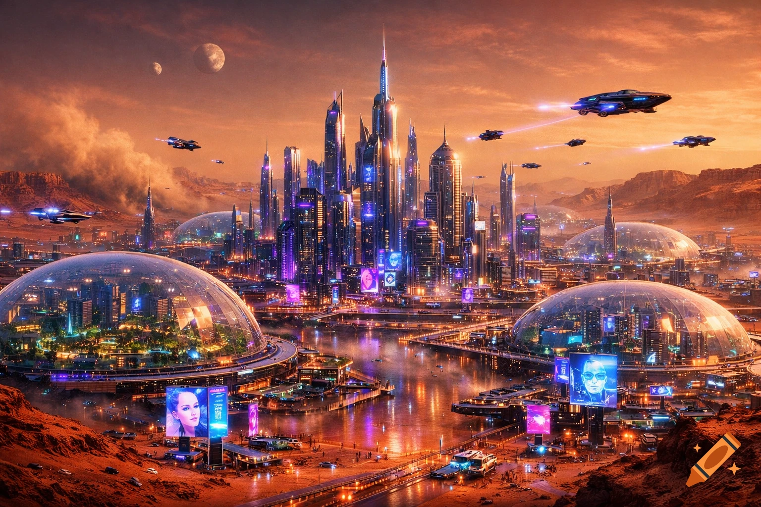 A vibrant futuristic city on Mars with towering neon-lit skyscrapers, transparent domes, flying vehicles, and red desert landscapes under an orange sky.