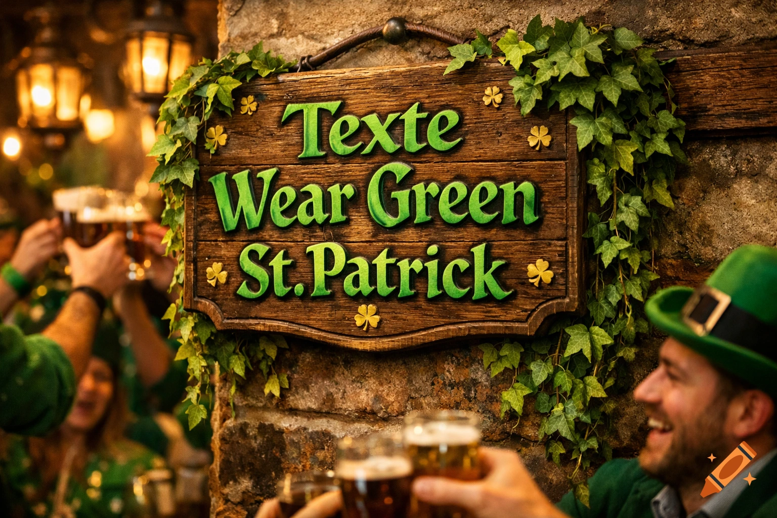 A rustic wooden sign decorated with ivy and shamrocks reads "Texte Wear Green St. Patrick" in green letters, with blurred people raising beer glasses in a pub setting.