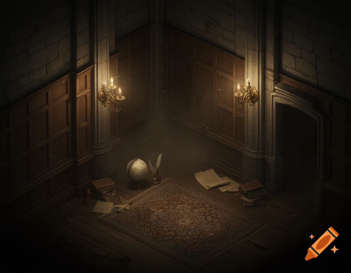 An isometric view of a dimly lit, old university room with wood-paneled walls, stone columns, lit sconces, a globe, books, quill pens, and scattered papers on a rug and wooden floor.