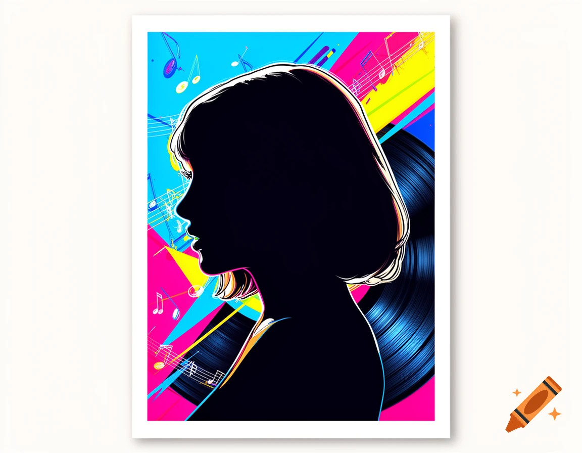 Pop art silhouette portrait of a woman with short hair against a vibrant background of musical notes and a vinyl record.
