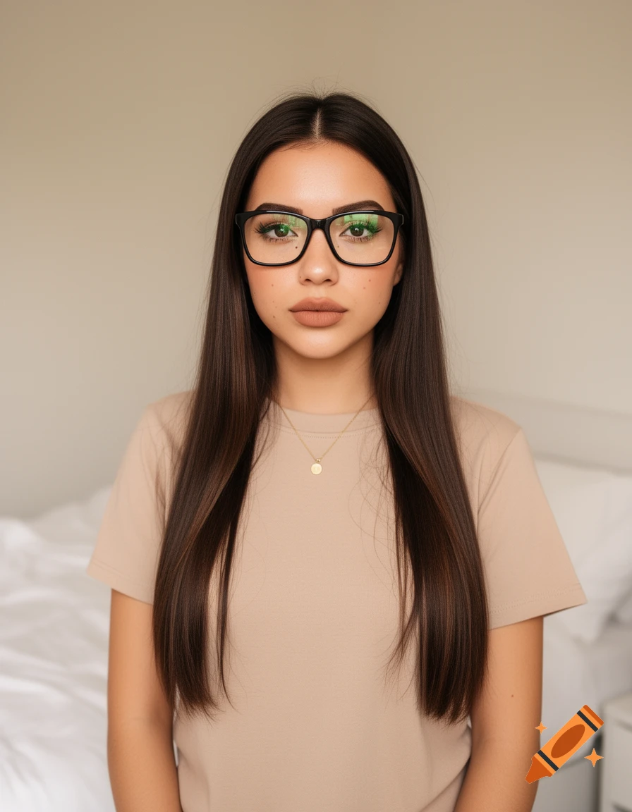 Photorealistic portrait of a young woman with long dark hair and black ...