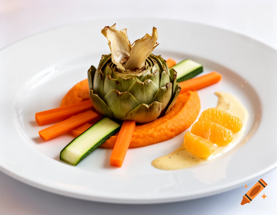 A gourmet dish featuring an artichoke, carrot and chickpea puree, carrot and zucchini sticks, Maltaise sauce, and orange segments on a white plate. Photorealistic.