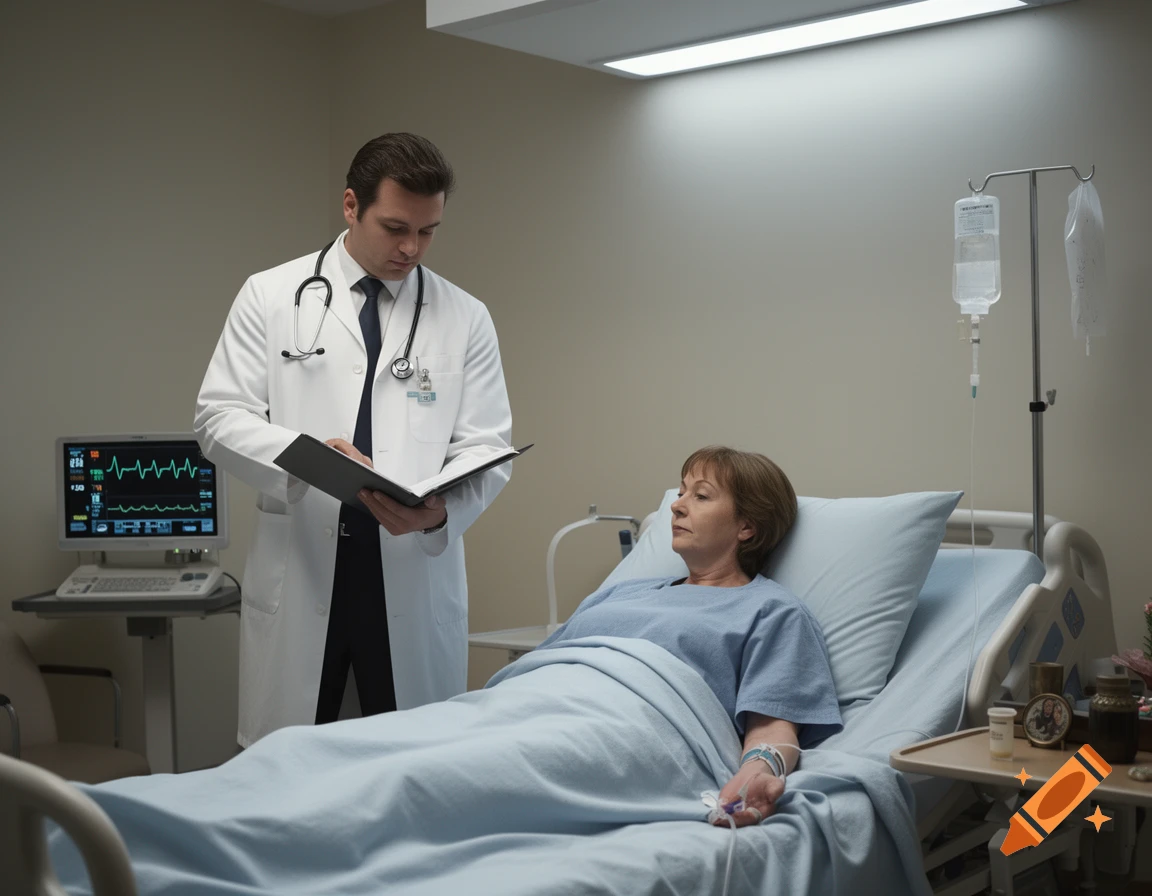 A male doctor in a white coat looks at a clipboard next to a female patient lying in a hospital bed.
