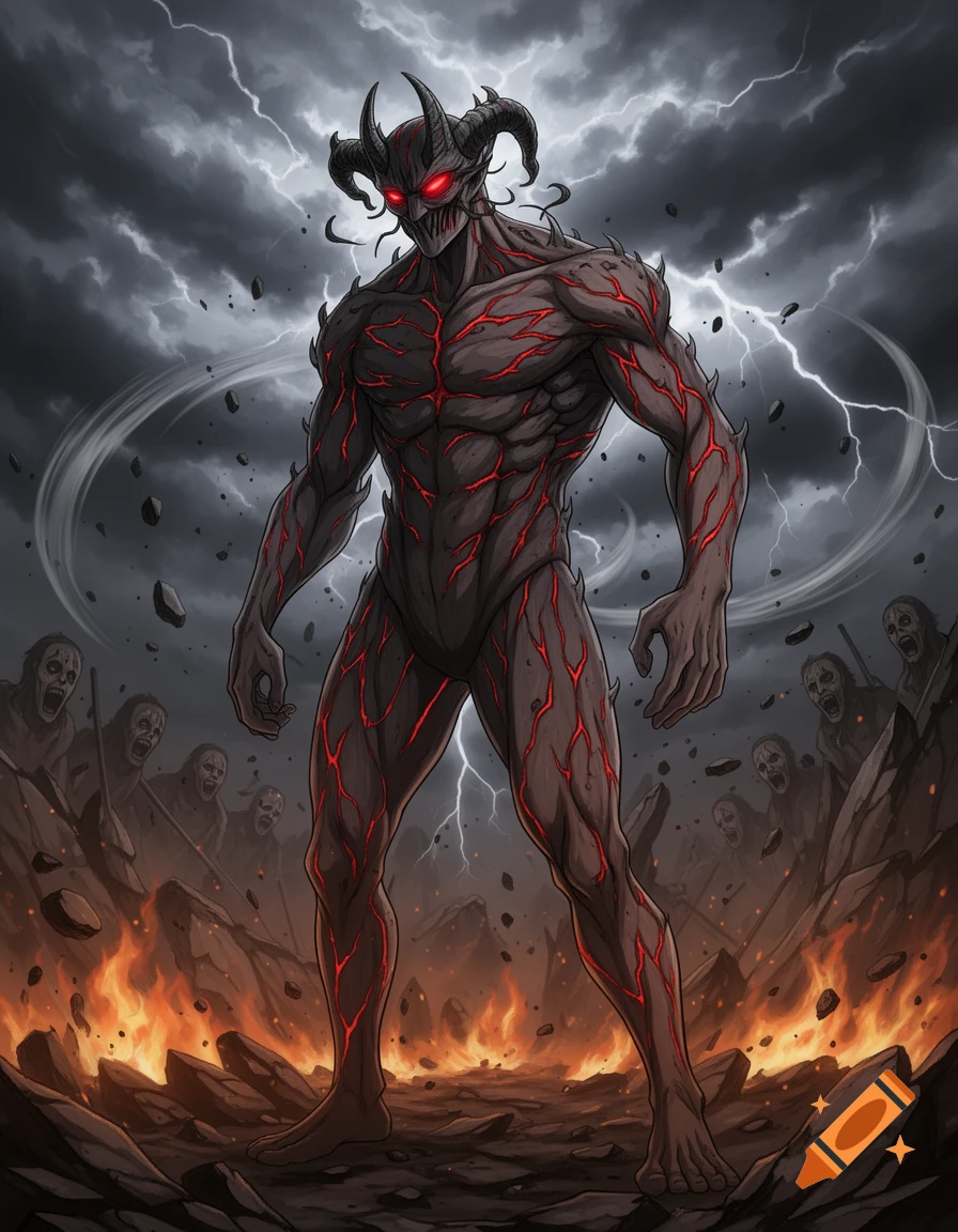 A powerful horned demon with glowing red eyes and red veins across its dark body stands on a fiery, rocky landscape under a stormy sky with lightning, surrounded by screaming figures.