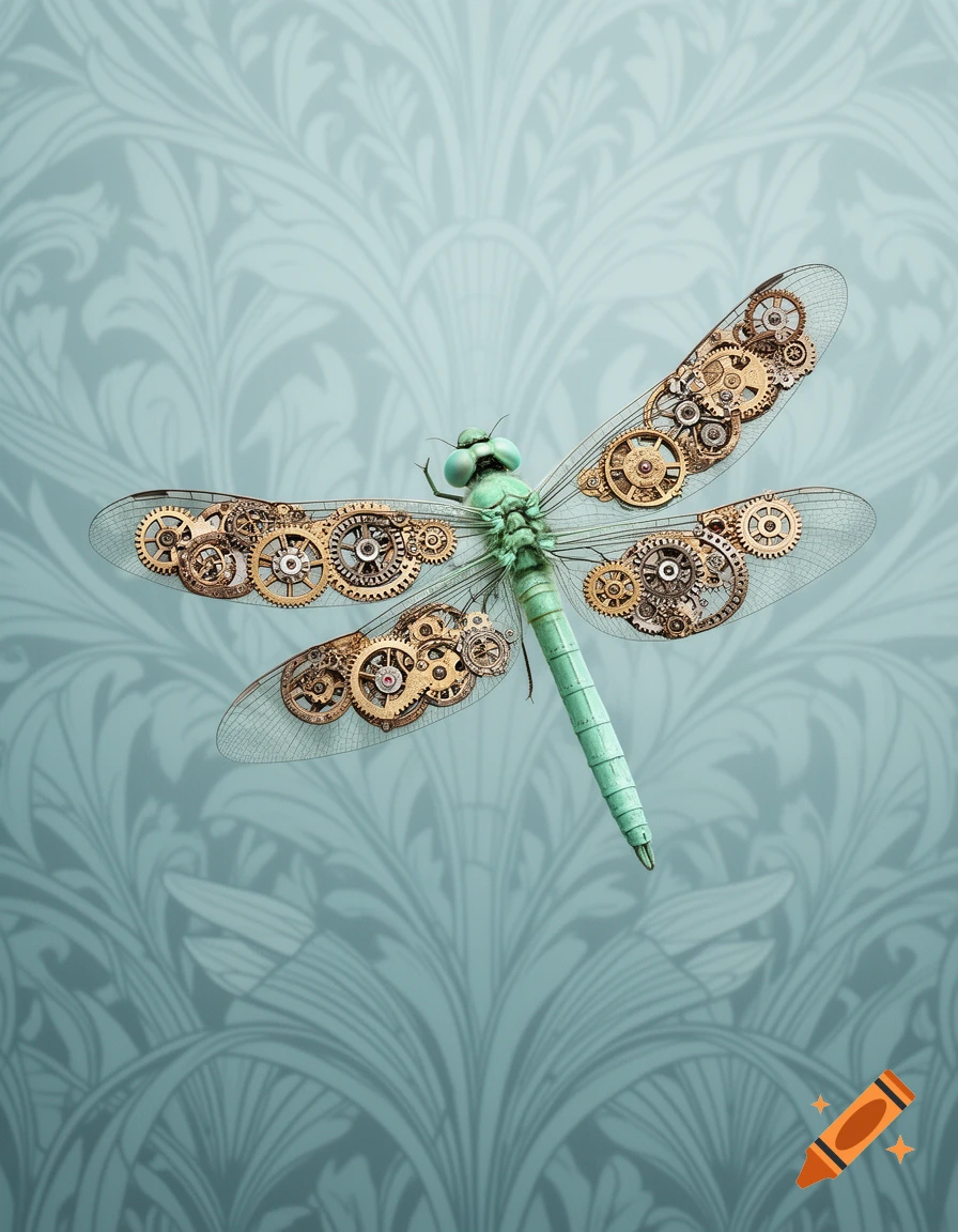 A steampunk dragonfly with a green body and transparent wings adorned with brass gears, set against a teal Art Deco patterned background.