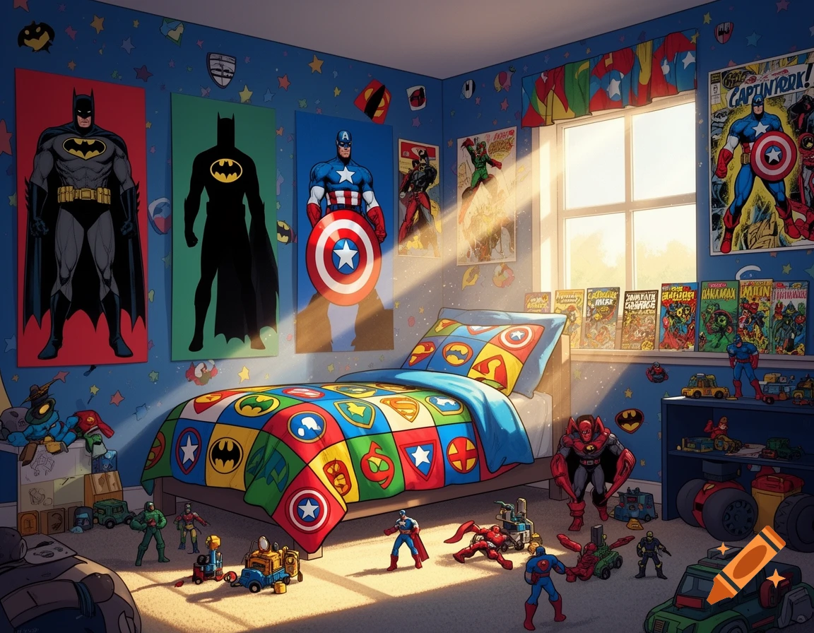 A child's room decorated with superhero themes, featuring Batman and Captain America posters, comic books, and action figures scattered on the floor.