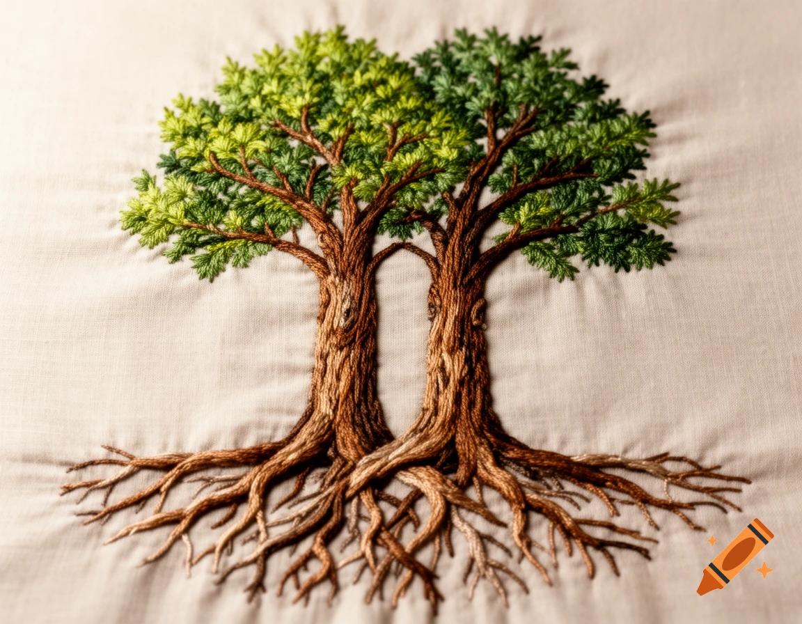 Detailed embroidery of two trees with intertwined roots on a light fabric.