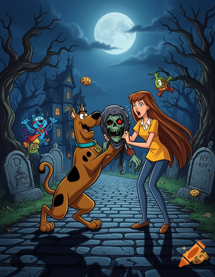 Scooby-Doo unmasks a zombie in a spooky graveyard scene with a frightened woman, a haunted house, and a full moon.
