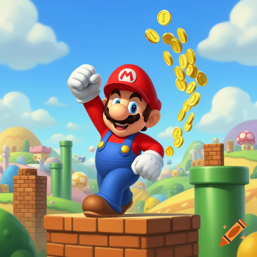 Mario jumps triumphantly on a brick platform as gold coins fall around him, in a vibrant Super Mario Bros. landscape.