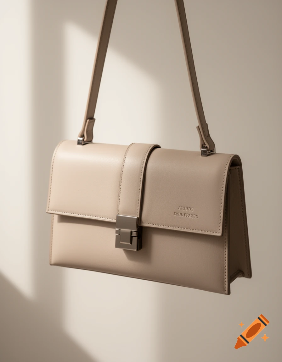A beige leather rectangular handbag with a silver clasp and a single strap, casting a shadow on a light background.