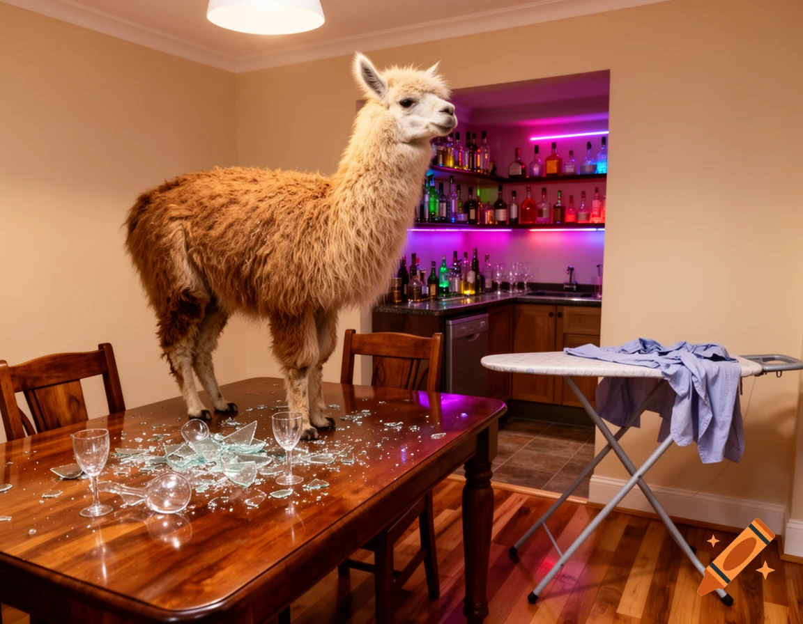 A fluffy light brown llama stands on a wooden dining table covered in broken glass, with a colorful bar and an ironing board in the background.