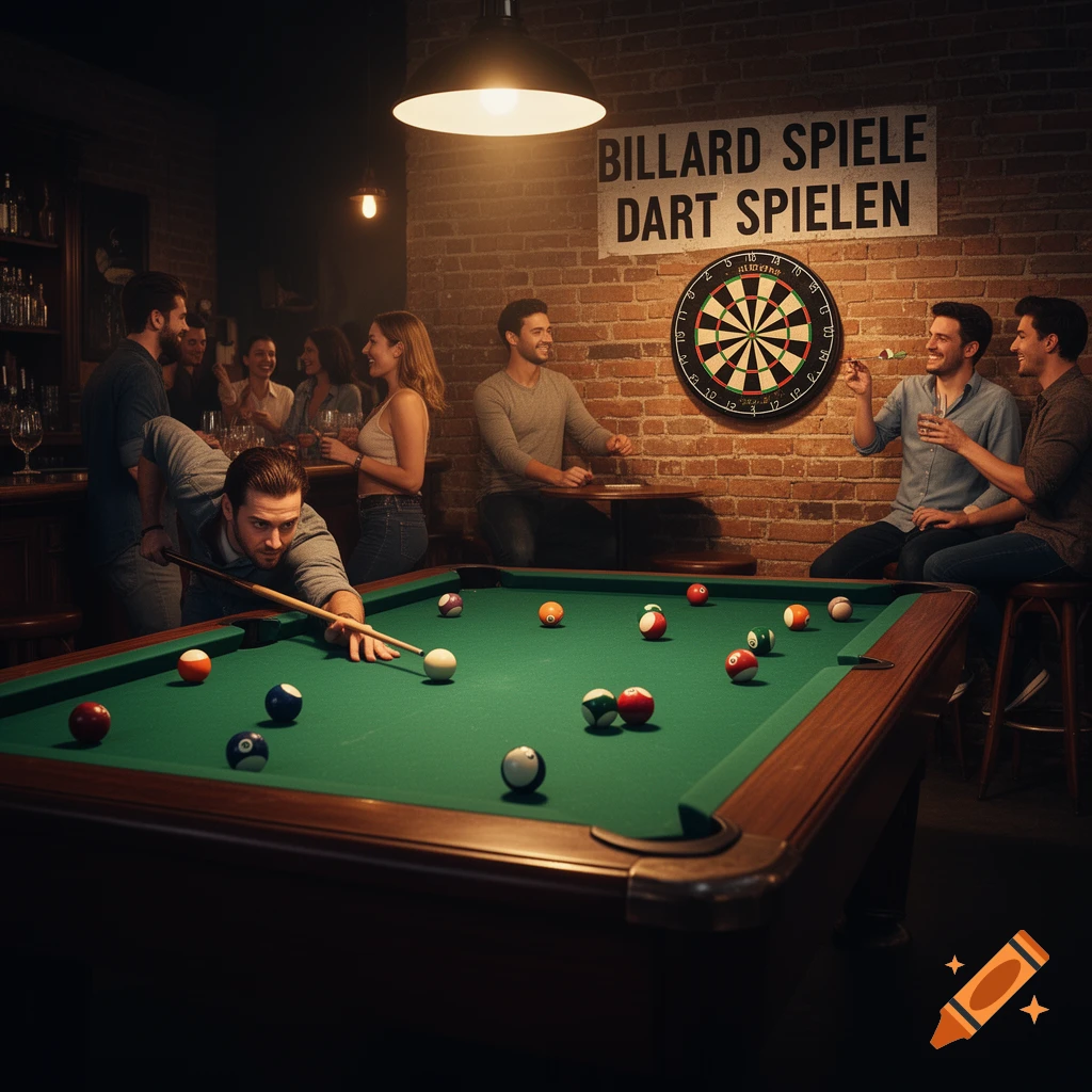 Friends socialize and play pool and darts in a dimly lit bar with a brick wall.