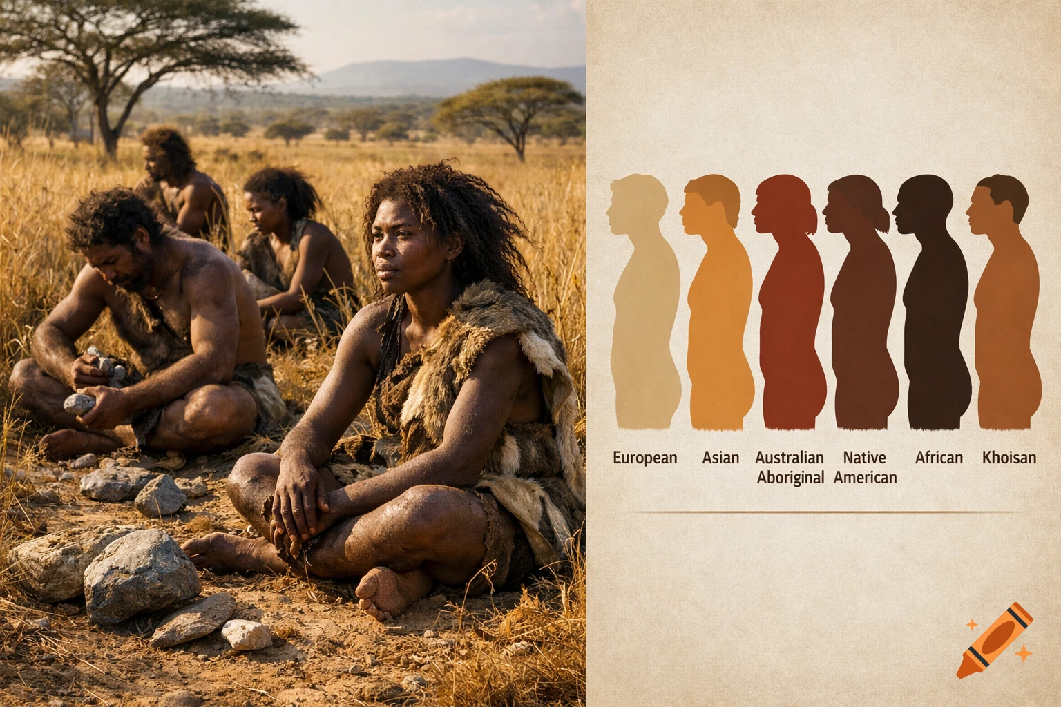 A split image showing early humans in a photorealistic savannah scene next to a diagram of human silhouettes with varying skin tones labeled by region.