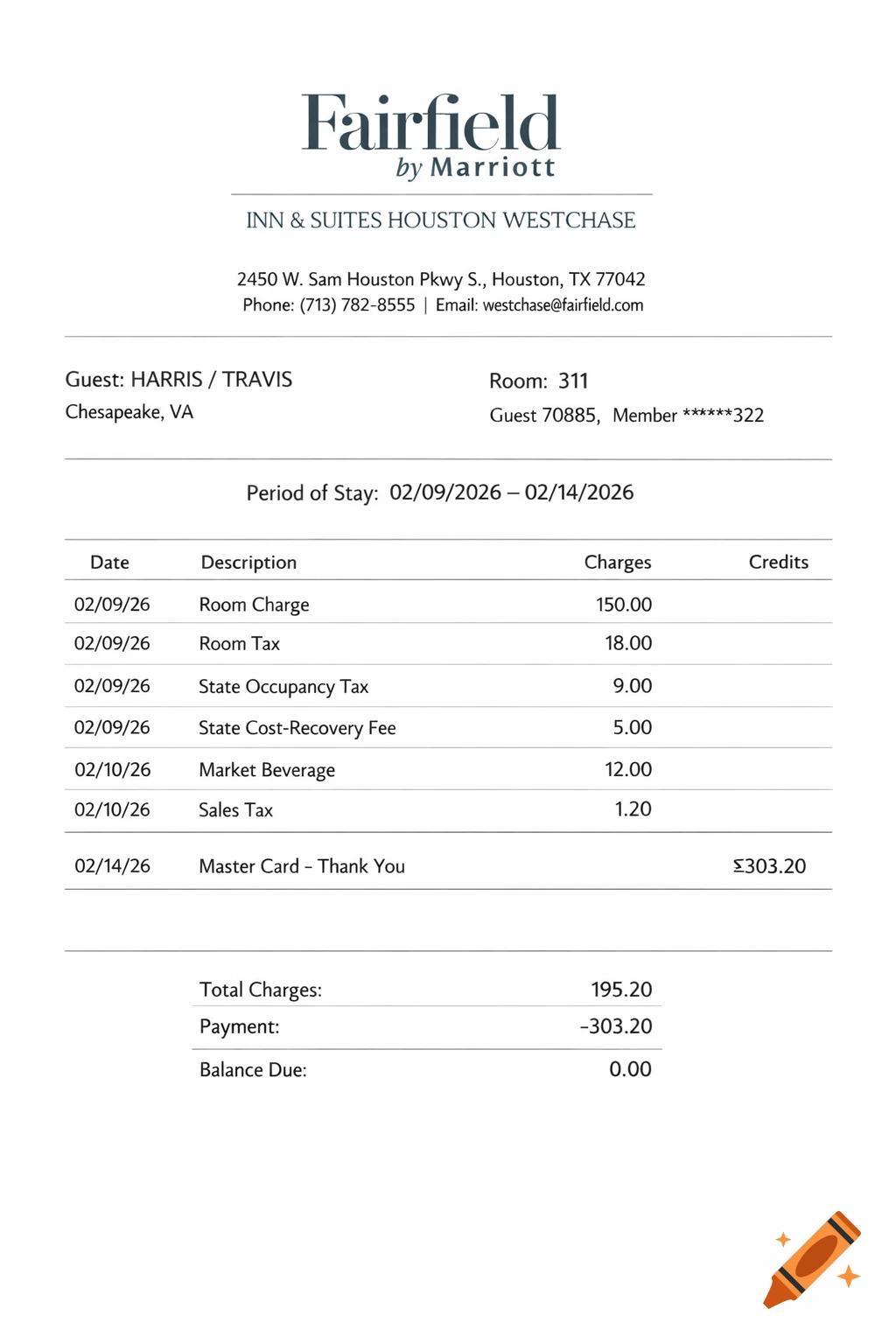 A clean, professional Fairfield by Marriott Inn & Suites Houston Westchase hotel folio showing guest details, period of stay, and an itemized list of charges and payments.