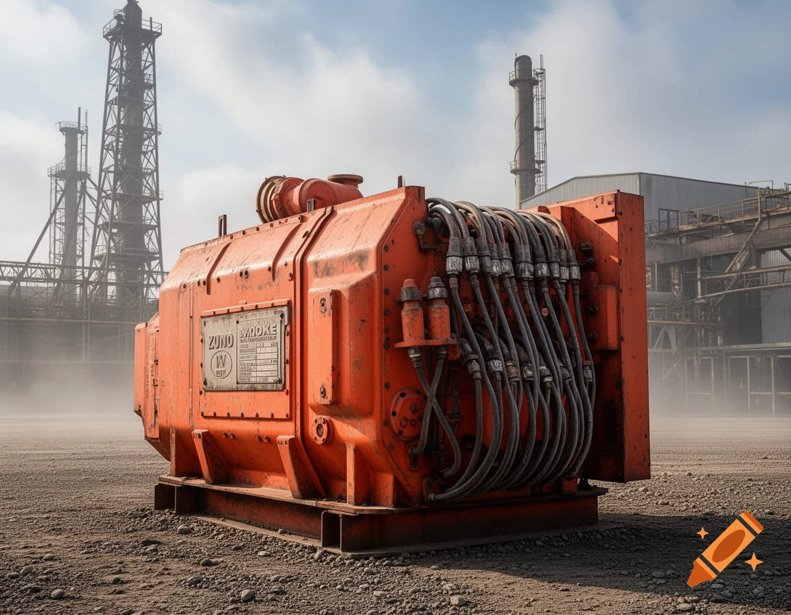 Weathered orange industrial machine with hoses on gravel, set against a hazy factory background.