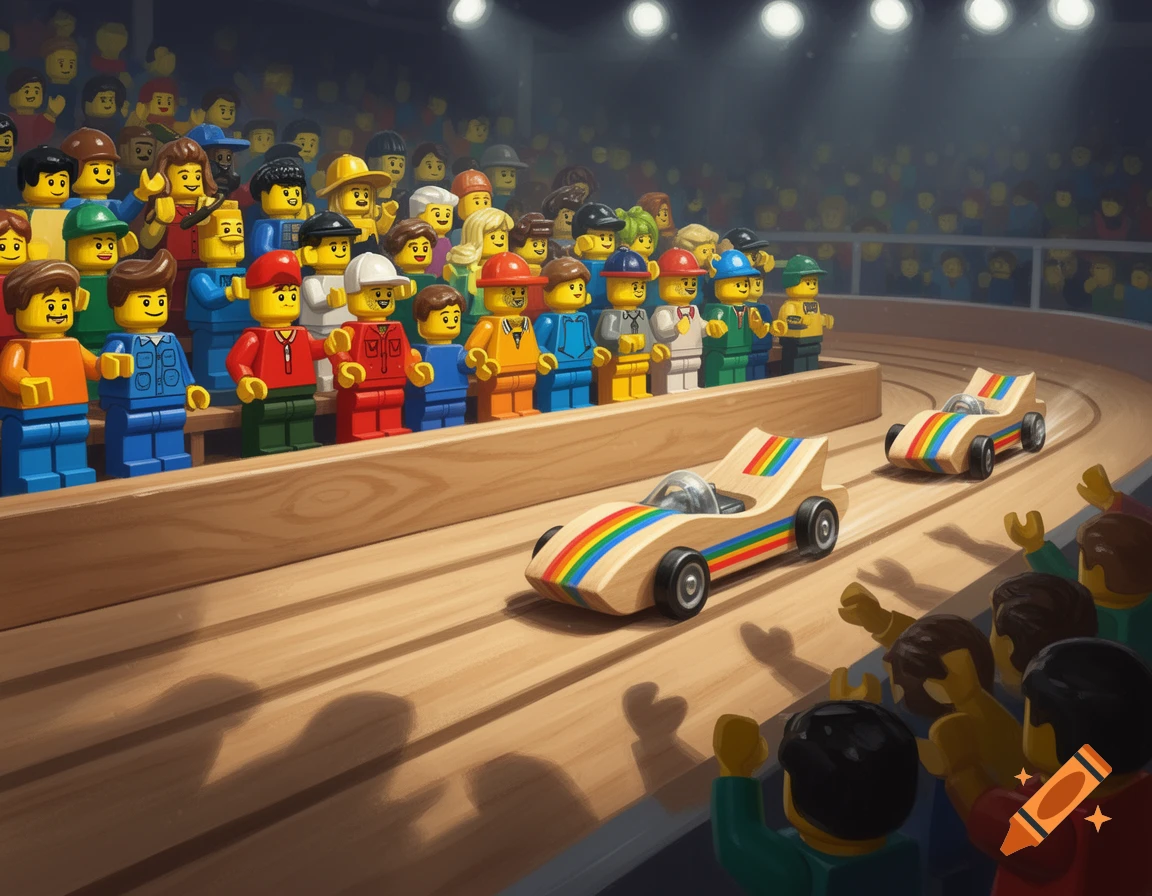 Lego figurines watch wooden pinewood derby cars race on a track in a stadium.